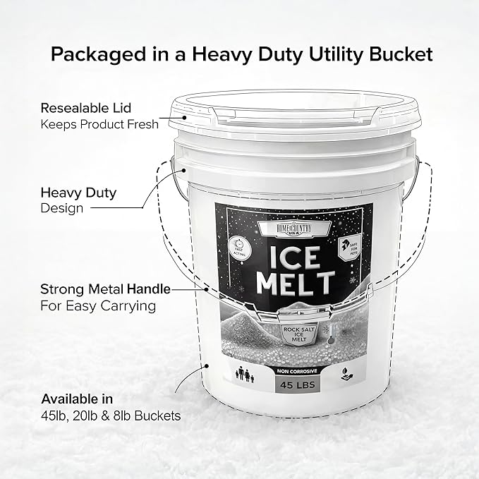 Rock Salt Ice Melt Pail Effective to -25°F, Eco-Friendly De-Icer, Optimal Granule Size for Quick Melting, Ideal for Driveways, Walkways, and Entryways (8 lb)