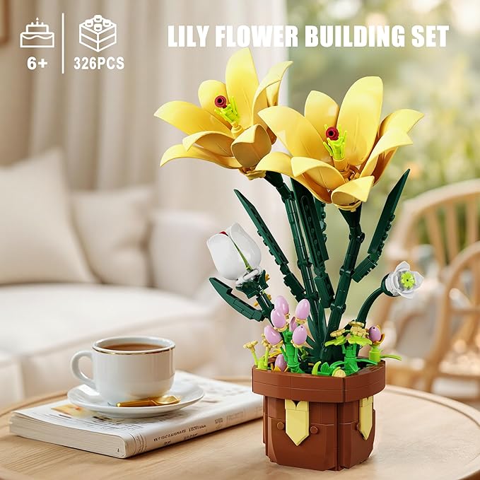 EITOLNR Flowers Botanicals Lily Building Set, Artifical Plants Bonsai Building Blocks Toys for Adults,Indoor Home Office Decor, Valentine Day Birthday Gifts for Women Girls 8-12 (296Pcs)