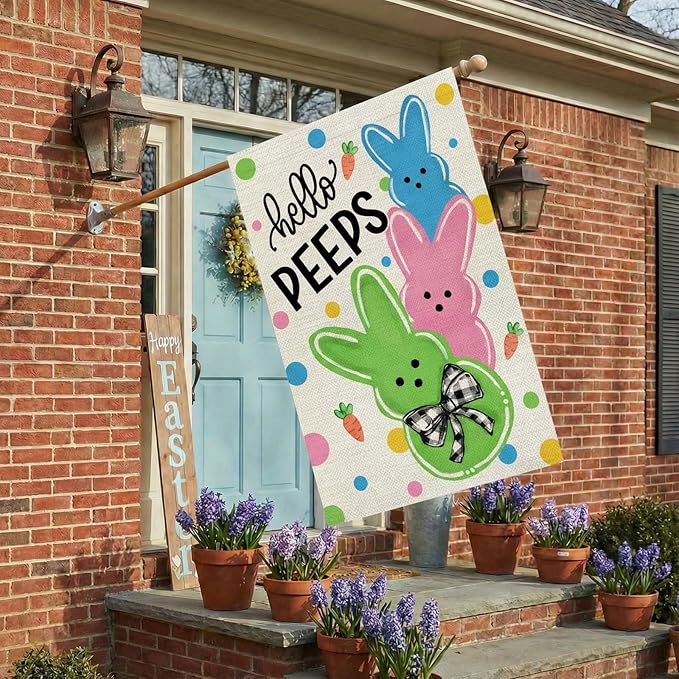 CROWNED BEAUTY Easter House Flag Peeps Bunny 28x40 Inch Double Sided Large Holiday Welcome Decoration for Outside Yard