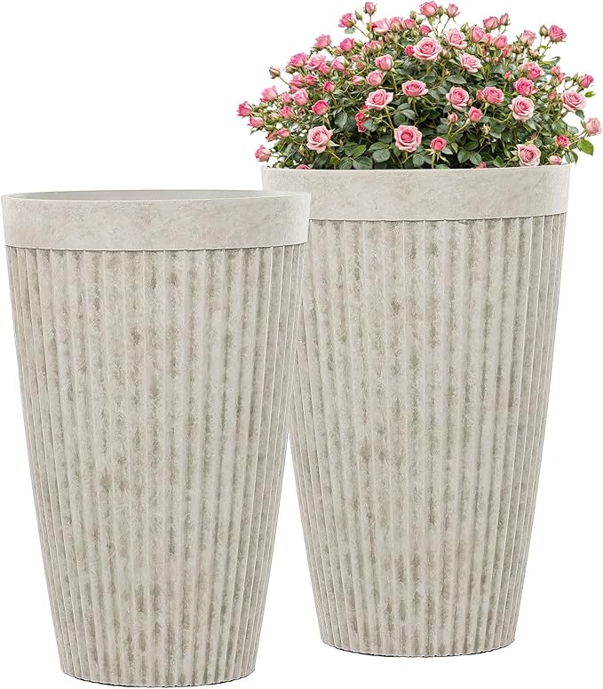 Ultym 20" Resin Tall Planters for Outdoor Plants,Set of 2 Vintage Ivory Large Flower Pots with Handmade Fluted Texture,Heavy-Duty and Weather-Resistant for Porch Christmas Decor,Garden, Patio