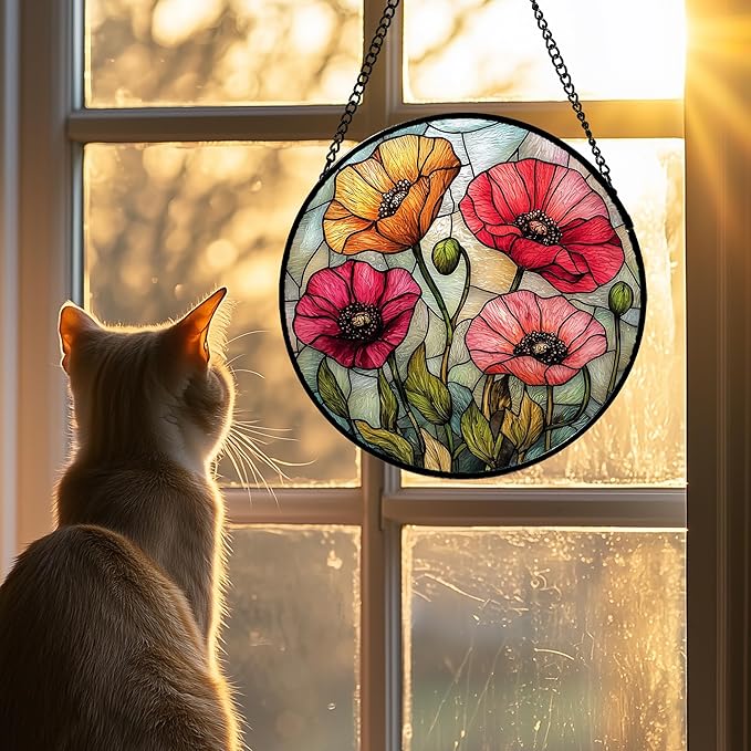 AMDERVEN Stained Glass Suncatcher, Red Orange Poppy Flowers Sun Catcher Silver Background Wildflowers Window Hanging Decor Christmas Mother Birthday Gifts for Women Men Mom Nana 6.3 in