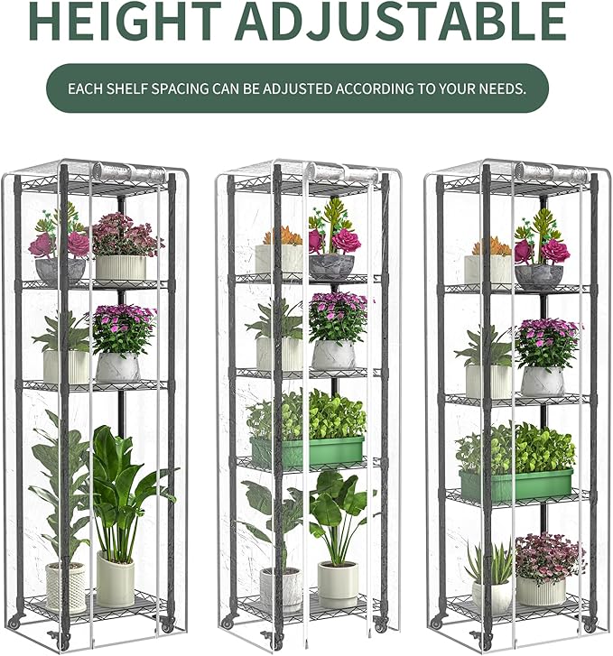Mini 5-Tier Greenhouse for Indoor Outdoor , 15.7" L×11.8" W×62.3" H Portable Greenhouse with Clear PVC Cover and Metal Shelf for Growing Vegetables, Flowers and Seedlings, with Wheels