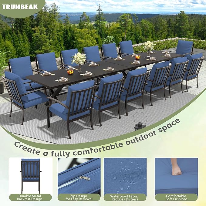 16-Piece Patio Dining Set Outdoor Conversation Set,Metal Outdoor Furniture Set with 2 Umbrella Hole Cut-Out 78.7" x 35.4" Tables and 14 Metal Backrest Chairs for Backyard,Garden,NavyBlue