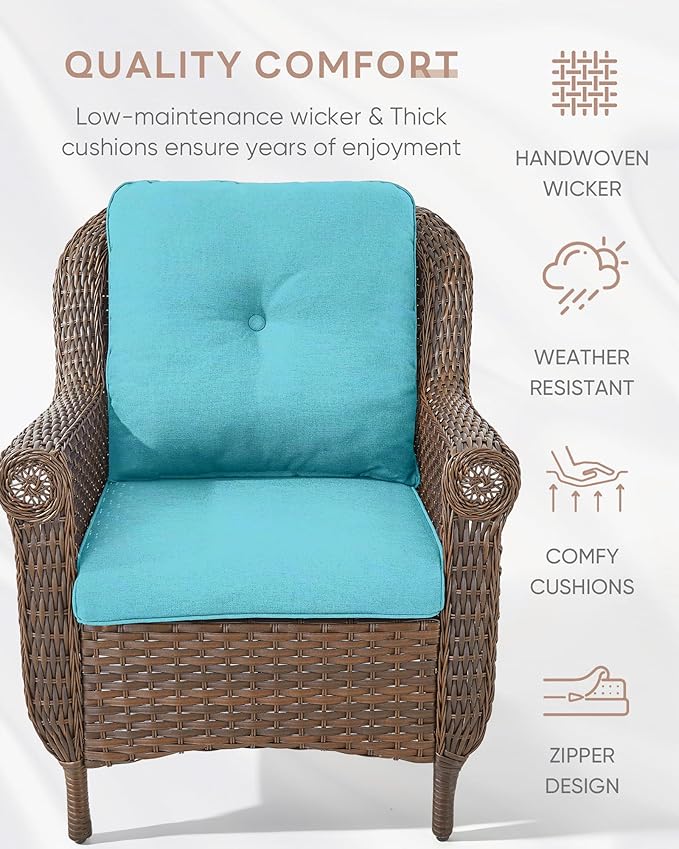 Patio Wicker Chairs Outdoor Furniture Chair - Set of 4 Outside All Weather Lawn Dining Brown Rattan Armchair with High Back&Deep Seating for Deck Porch Balcony Backyard Garden - Turquoise