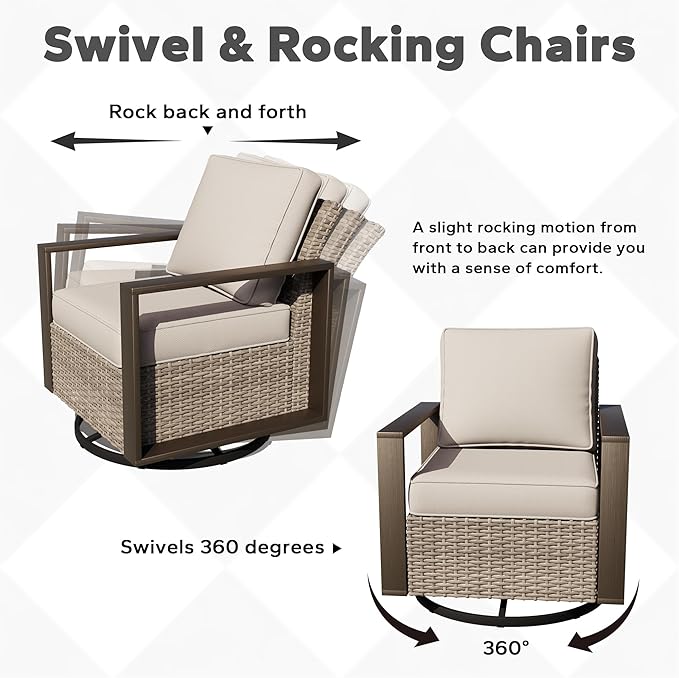Outdoor Patio Swivel Rocker Chairs, 8 Pieces Wicker Furniture Set, 4 Swivel Rocking Chairs, 1 Sofa, 2 Ottoman and 1 Table, Wide Armrest, Thick Cushions and Deep Seating for Garden, Backyard, Porch