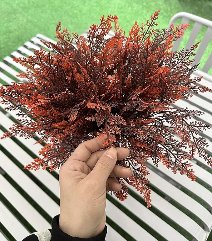 Fake Ferns Shrub Artificial Fern Leaves Plants, Plastic Foliage Greenery Faux Boston Leaf Stems Plant for Outdoor Indoor Garden Décor Wedding Party DIY Decoration Planter Filler Shrubs - Red 8 Pack