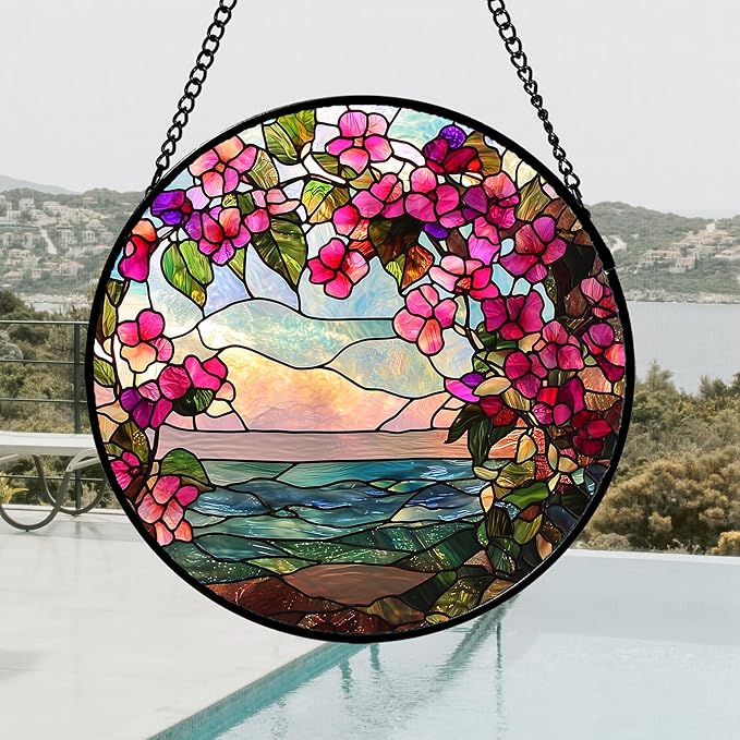 Stained Glass Window Hanging, Purple Flower Landscape Wreath Sun Catcher for Door Home Decor Plants Flowers Suncatcher Christmas Mother's Day Birthday Gifts for Women Men Mom Nana 6.3 in