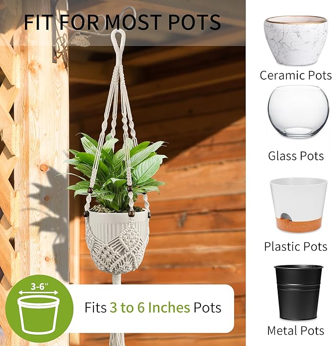 IDEEEPAN Macrame Plant Hanger - Fits 3 to 6 inches Pots for Indoor Outdoor, 35 Inch, Set of 2, Ivory (POTS NOT Included)