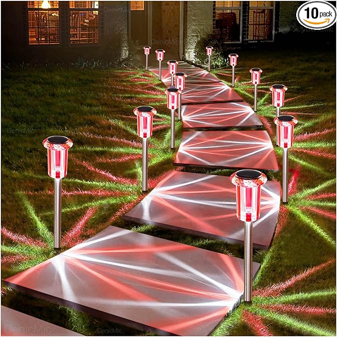 DenicMic Solar Lights Outdoor 10 Pack Waterproof Red White LED Stainless Steel Stake Outside Lights for Yard Pathway Garden Driveway Walkway Landscape Path Lighting Christmas Decorations