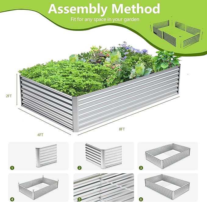 8x4x2FT Galvanized Raised Garden Bed Kit, Galvanized Planter Raised Garden Boxes Outdoor, Large Metal Raised Garden Beds for Vegetables-Silver