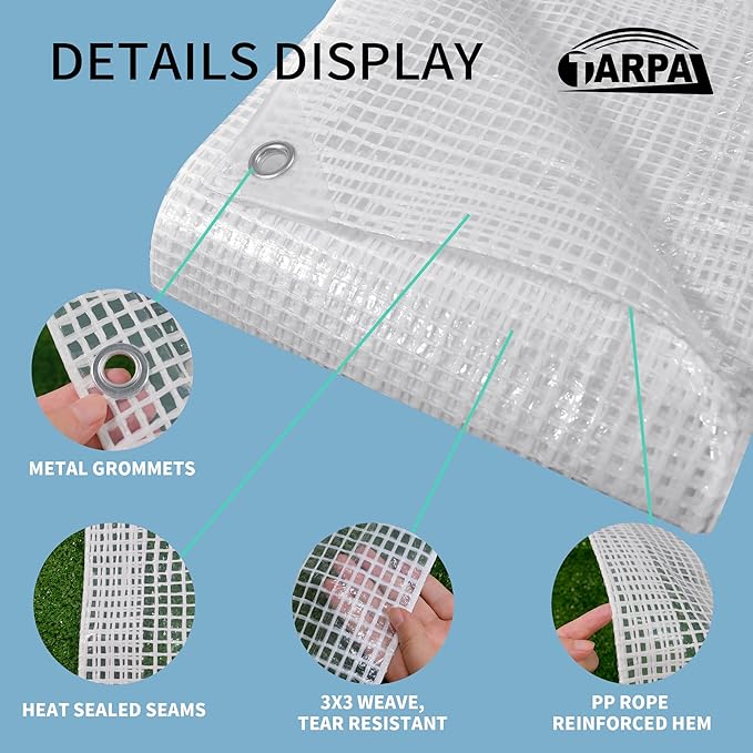 TARPAL 12'x16' Clear White Tarp Heavy Duty Waterproof 12mil with Grommets or Zip Ties for Large Greenhouses for Outdoors Garden,Farm,Chicken Coops