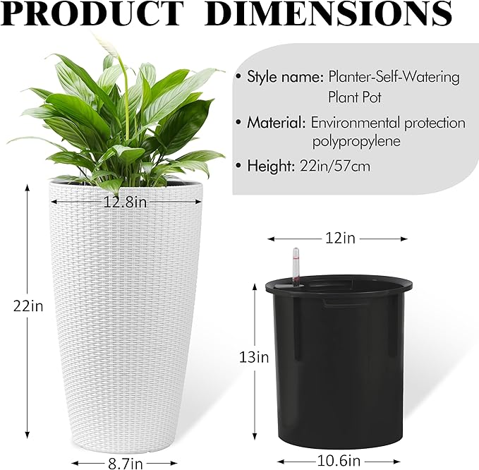 Vigo huseeo 22" Tall Planter Set of 2, Large Self Watering Pots for Indoor/Outdoor Plants with Drain Holes, Water Level Monitor, Inner Bucket for Front Porch Patio, White Rattan Conical