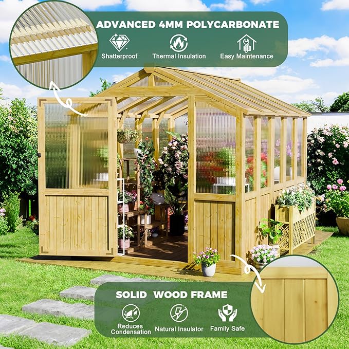 6x8 FT Wood Greenhouses for Outdoors Heavy Duty, Outdoor Greenhouse Kit with Adjustable Roof Vent and Reinforced Panels, Walk in Polycarbonate Greenhouse for Outside Backyard Garden Yard, Natural