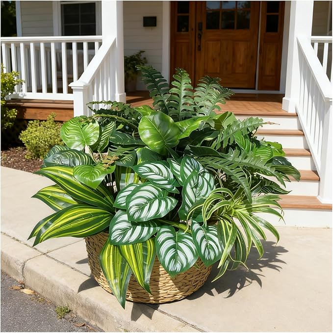 Large Realistic Faux Outdoor Plants, Artificial Greenery Set with Silk Leaves for Patio, Porch, Garden Decor, UV Resistant Plastic Stems, Lifelike Shrubs for planters and Front Door Decorations
