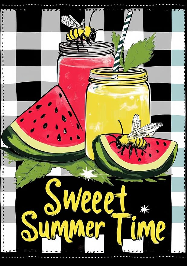 Sweet Summer Time Garden Flag Watermelon Buffalo Plaid Lemon Welcome Small Flags for Outside Double Sided Juice Seasonal Banner Farmhouse Outdoor Yard Decoration 12x18 Inch