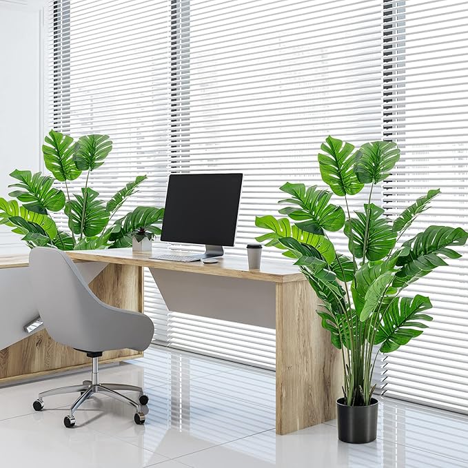 5FT Fake Monstera Deliciosa Plants, Faux Monstera Plant w/15 Turtle Leaves, Cement-Filled Plastic Pot, 60 Inch Fake Plant for Indoor Home Office Living Room Decoration Set of 2