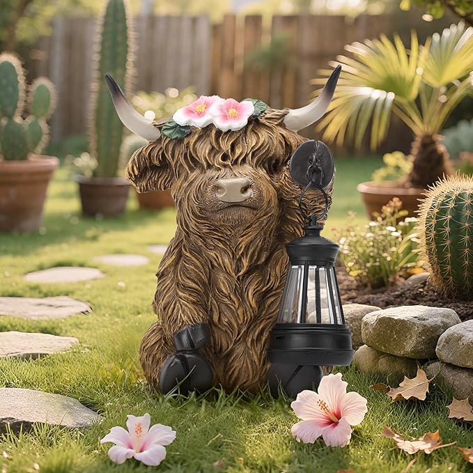 Solar Highland Cow Garden Outdoor Statue,Highland Cow Figurines Sculpture with LED,Farmhouse Decor,Patio Balcony Yard for Pasture & Farm Theme Housewarming Gifts for Women Mom