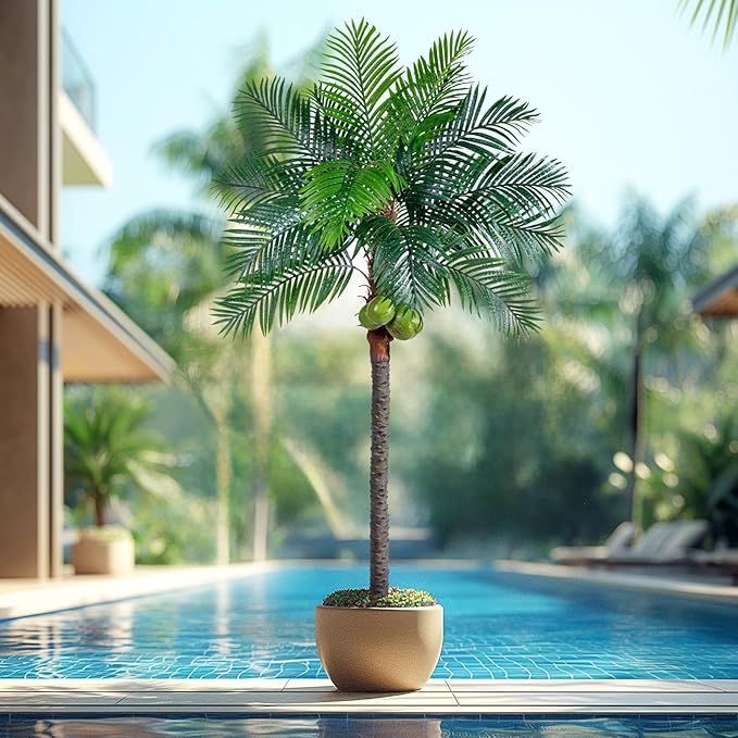 Erimda 30-Year Factory Faux Coconut Tree - 8.2FT Faux Palm Tree Realistic Thick Trunk & Heavy Duty Leaves, Hand-Carved Bark Texture, Indoor Tropical Decor for Living Room/Store, No Shiny Plastic Look