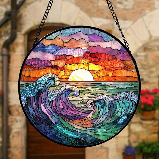 DASTOLL Stained Glass Window Hanging, Clouds and Sea Waves Suncatcher Diamond Glass Panel Hangings Scenery Sun Catchers Decor for Birthday for Women, Men, Wife, Aunt, and Mom 9.8 in