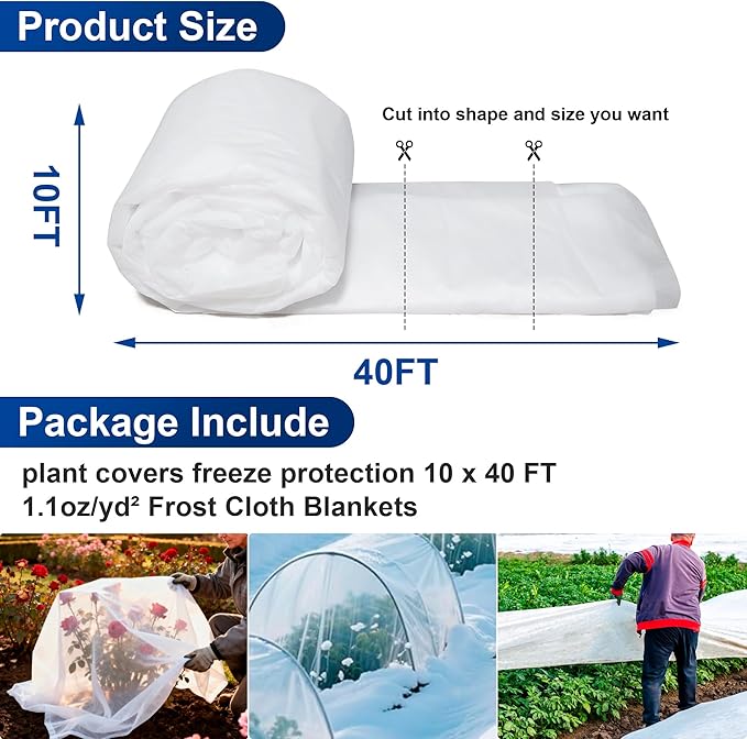 eisoco Plant Covers Freeze Protection, 10 * 40FT 1.1 oz/yd² Large Thick Frost Blankets for Outdoor Plants in Winter, Floating Row Cover for Vegetable Garden, Frost Cloth Plant Freeze Protection