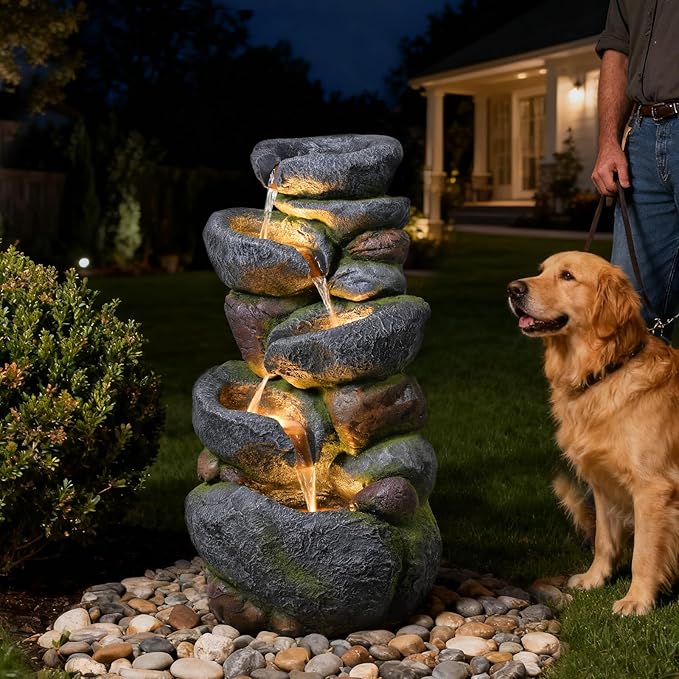 36.2''Tall Rock Outdoor Water Fountain, 5 Tiers Cascading Natural Outdoor Fountains and Waterfalls with LED Lights, Water Feature for Garden, Patio, Deck, Backyard Decor