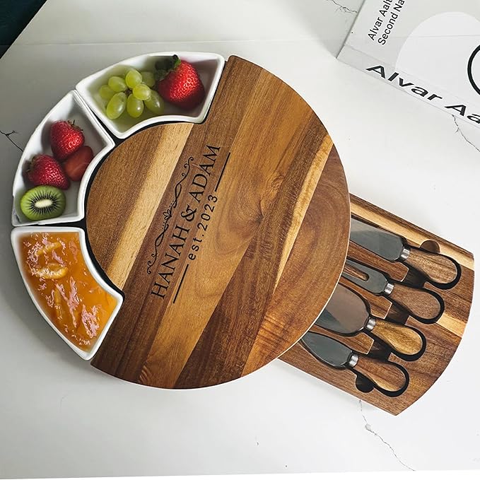 Personalized Cheese Board, 13'' Custom Charcuterie Board Gift, Acacia Wood Boards with Knives for Serving - Gifts for Housewarming New Home, Wedding, Anniversary, Christmas, Couples, Birthday
