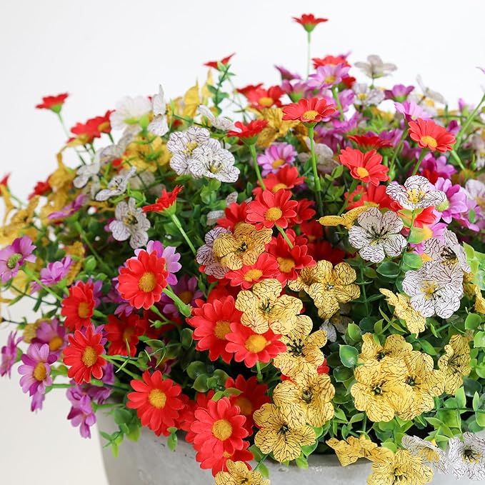 HIFORESTAR Artificial Outdoor Flowers 12 Bundles Spring Summer Silk Fake Plants Colorful Outside Realistic Wild Flower Plants Vibrant Durable Perfect Front Porch Planter Decoration (Multi Colour 1#)