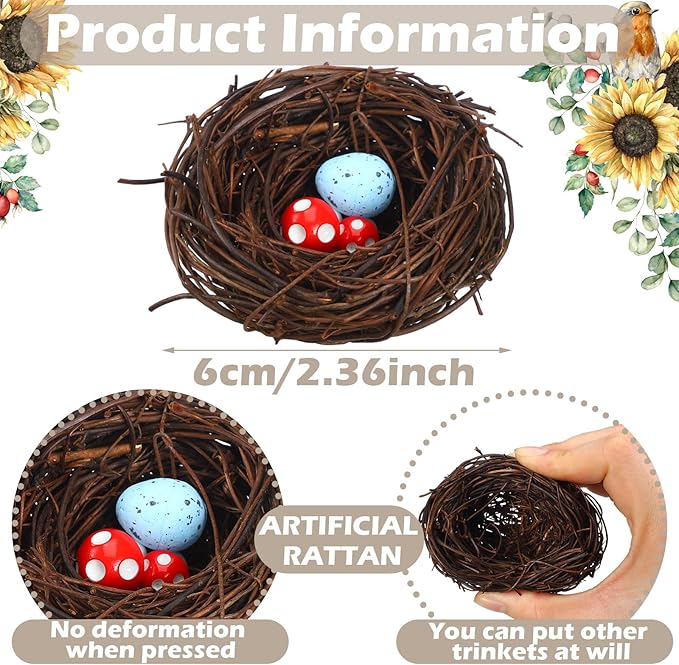 Weysat 24 Pcs Artificial Bird Nest Easter Handmade Natural Rattan Bird Nests for Easter Garden Yard Home Crafts Party Wedding Patio Succulent Planter DIY Terrarium Moss Landscape (2.36 Inch)