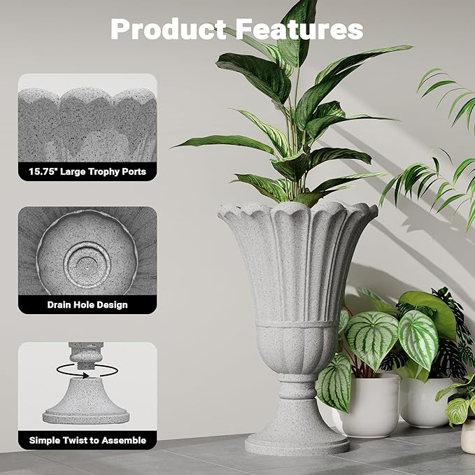 seethmi 23" Tall Planters for Outdoor Plants Set of 2, Planter with Drainage Holes and Petal Design, Large Outdoor Planters for Porch, Garden, Indoor, Grey