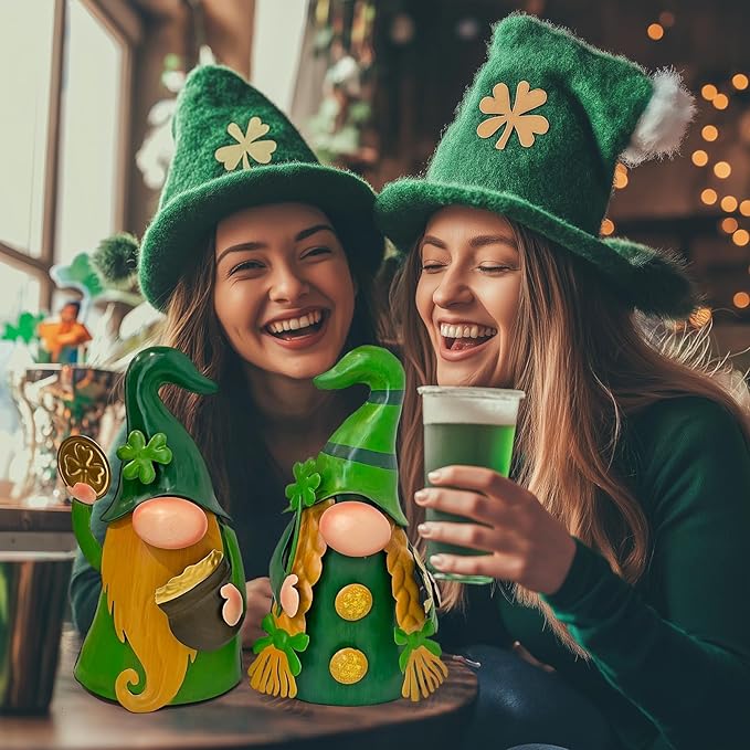 HONGLAND 18 Inch St Patricks Day Decorations Outdoor Gnome Décor, 2Pc Metal Gnomes Figurine with Green Shamrock, Irish Leprechaun St Patrick's Day Decor for Home Outside Garden Lawn Party Yard Patio
