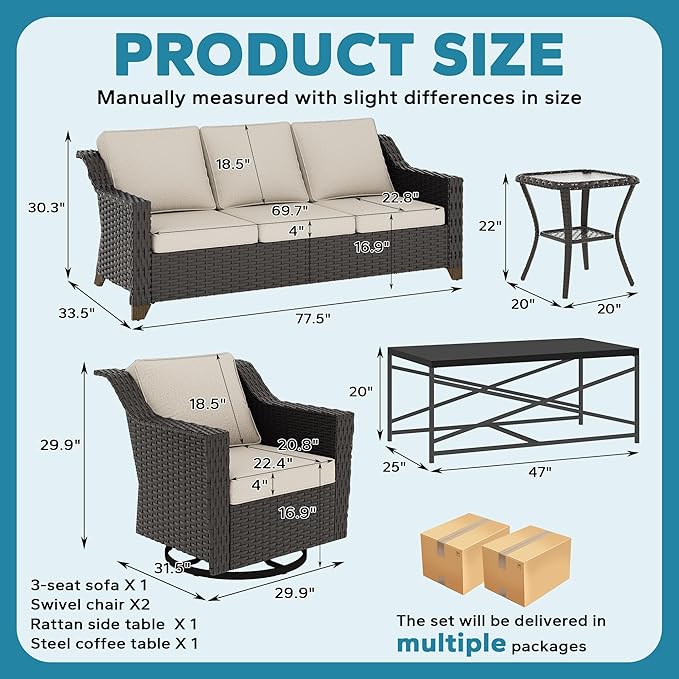5 Pieces Outdoor Conversation Furniture Set - 77" Patio Sofa, 2 Swivel Rocker Chairs, 1 Side Table, 1 Metal Coffee Table, Patio Wicker Couch Set with Washable Cushions for Porch (Beige)