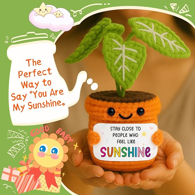 TKGIFTHOT Valentines Handmade Crochet Plant Potted Gift for Friend, Bestie, Coworker | Positive Sunshine Inspirational Desk Decor | Best Friendship & Uplifting Gifts for Her Him