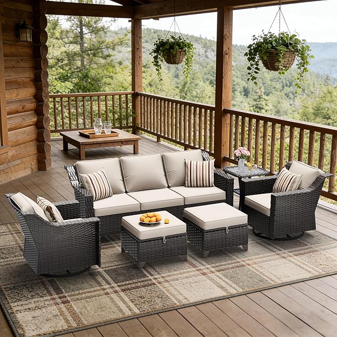 6 Pieces Patio Conversation Furniture Set - 1 Sofa, 2 Swivel Chairs, 2 Ottomans, 1 Side Table, Outdoor Wicker Furniture with Removable Cushions for Porch, Balcony, Sunroom (Beige)