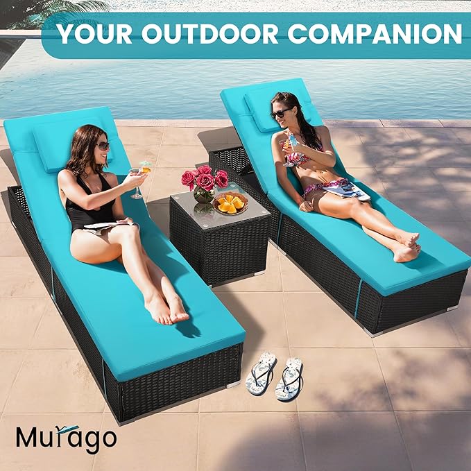 Outdoor Chaise Lounge Chairs, All-Weather Wicker Pool Lounge Chair Set of 2 with Side Table, Adjustable Backrest & Washable Cushions for Patio, Poolside, Beach, Light Blue