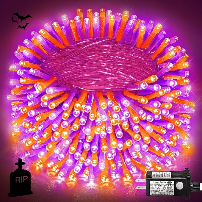 400 LED Christmas String Lights Outdoor, 131 FT String Lights Outdoor Clear Wire with 8 Modes, Plug in Waterproof Fairy Light for Tree Party Christmas Thanksgiving Decorations, Purple&Orange