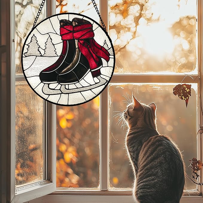 AMDERVEN Stained Glass Window Hanging 4 Pcs Set Winter Skiing Red Christmas House 7.8" - Suncatcher Door Garden Sun Catcher Decor Birthday Mother's Day for Mom Woman Nana Friend