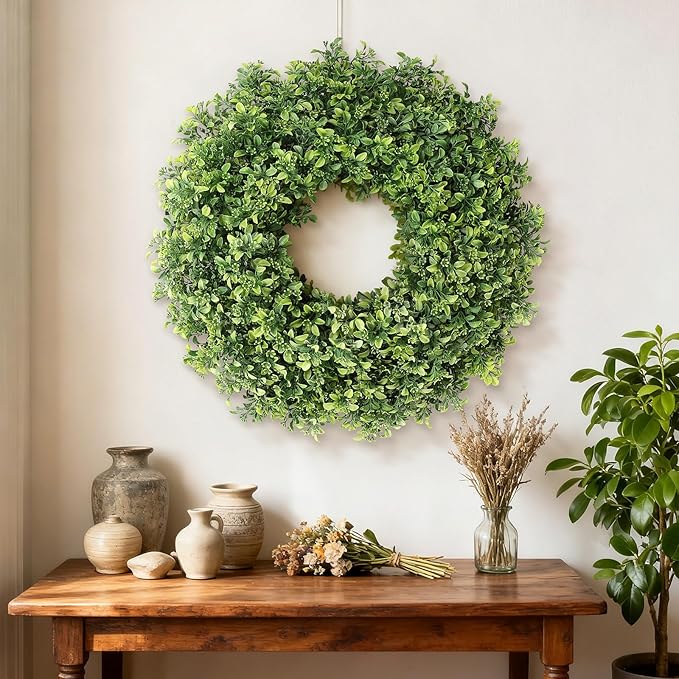 26" Artificial Boxwood Wreath for Front Door - Large Faux Aglaia Odorata Wreath, Fake Eucalyptus Leaves Plants for Wall Window Farmhouse Outdoor Decor - Spring, Summer, All Seasons (Green)