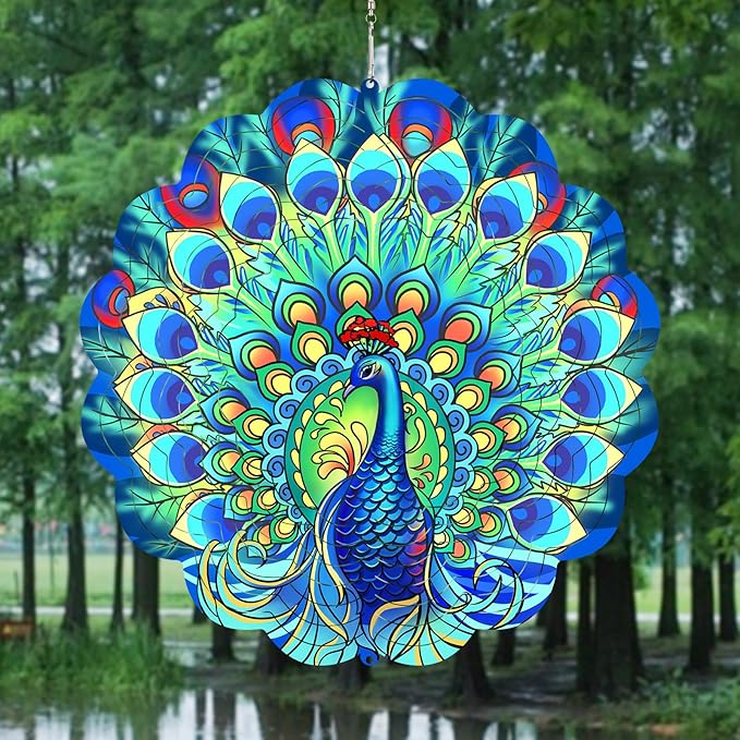 Peacock Wind Spinners Outdoor for Women Mom Grandma,12inch Metal Hanging Wind Sculptures for Outside Decor, Peacock Ornament Presents for Yard Garden Decoration