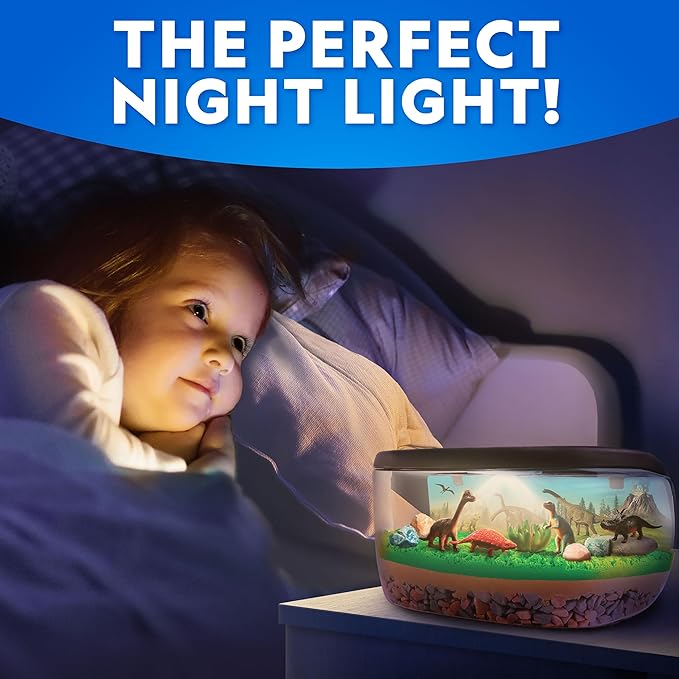 National Geographic Light-Up Dinosaur Terrarium Kit for Kids – Build a Prehistoric Habitat with Play Sand, Real Gemstones & Dino Figures, Science Activity Kit for Boys & Girls