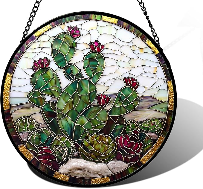 Stained Glass Window Hanging,Green Cactus Purple Flowers Suncatcher Diamond Glass Panel Sun Catchers Decor for Birthday for Women, Men, Wife, Aunt, and Mom 9.8 in