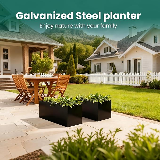 GZGNEEVL Metal Rectangular Planter Black Galvanized Steel Rectangle Indoor Planter Box Large Outdoor Planters Steel 25" L x 11" W x 13" H Commercial Residential for Patio, Yard, Garden
