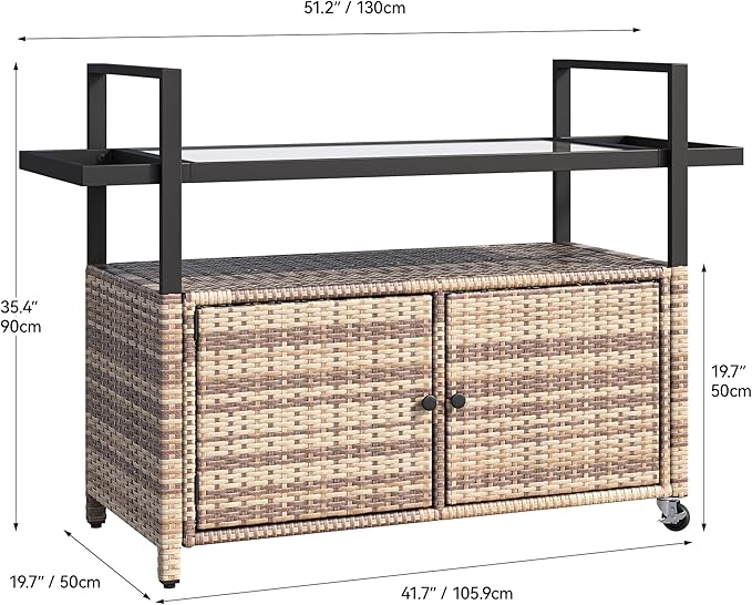 YITAHOME Large Outdoor Kitchen Wicker Island Rolling Cart & Patio Bar Table, w/Wheels and Black Glass Table Top Backyard and Poolside Light Brown