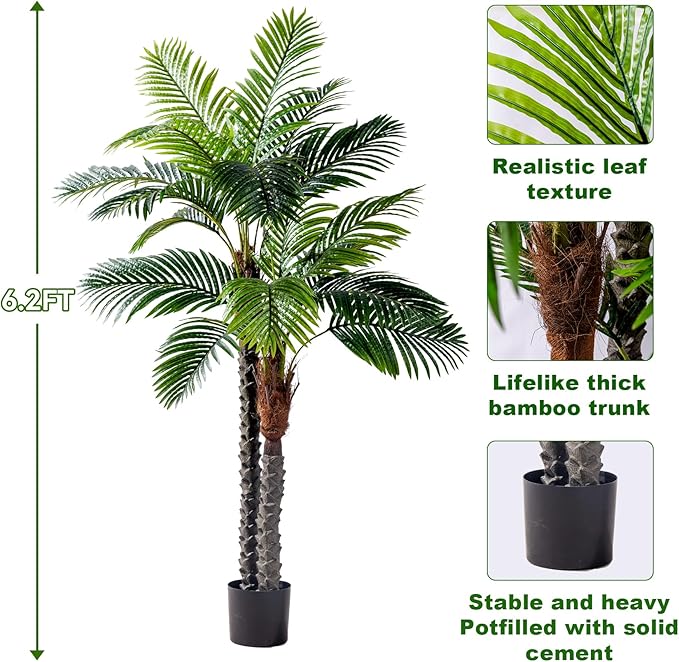 Erimda 6.2FT Artificial Phoenix Palm Tree Artificial Plants Indoor Outdoor Large Faux Coconut Silk Palm Tree Tropical Fake Tree Faux Sago Palm Plant for Modern Farmhouse Yard Outside Patio Poolside