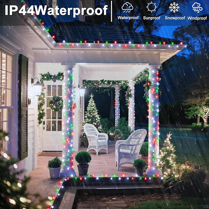 120 LED Christmas Lights Outdoor, 8 Modes Plug in Waterproof Twinkle Fairy String Lights for Tree Christmas Halloween Decorations, Red White&Green