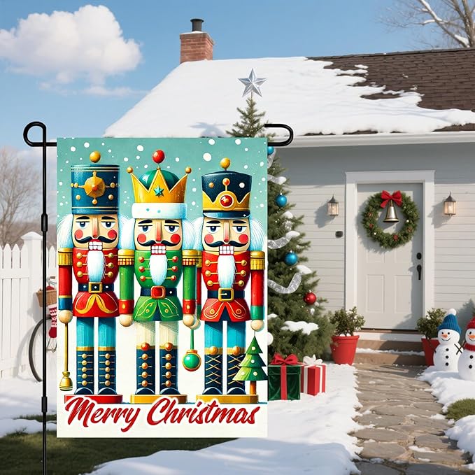 IVN Christmas Garden Flag 12x18 Inch Double Sided Colorful Nutcracker Trio with Ornaments Outdoor Yard Flag for Outside Home Front Door Lawn Porch Patio Welcome Decor