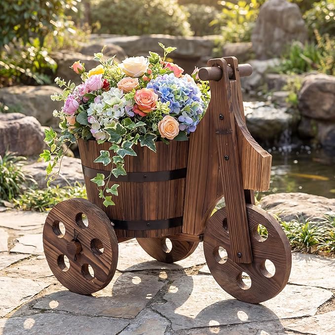 Giantex Wooden Wagon Planter with Wheels, Rustic Wood Plant Stand with 3 Wheels & Drainage Hole for Flowers Herbs Vegetables, Indoor Outdoor Decorative Garden Flower Cart for Patio Backyard (2)
