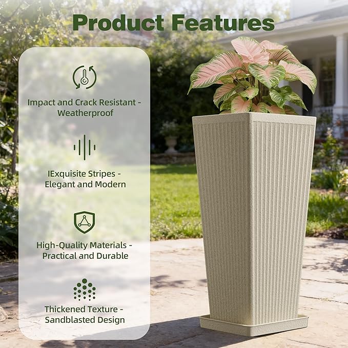 Trygoal Square Tall Planters for Outdoor Plants Set of 2-23.6" Heavy-Duty Classic Tapered Indoor Flower Pots with Drainage Holes/Partition/Tray, Large Outdoor Planters for Porch Patio Garden, Beige