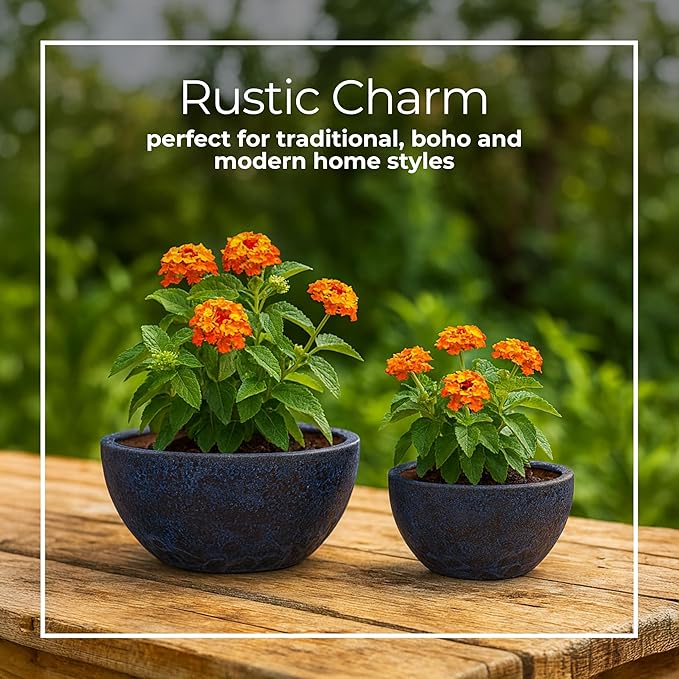 Set of 2 Ceramic & Clay Planter Pots with Stands – Textured Indoor Outdoor Plant Holders, Modern Rustic Decorative Pot Stands for Living Room, Entryway, Bedroom or Patio – 6" & 5", Deep Blue
