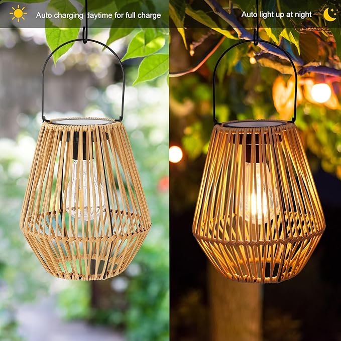 Solar Lanterns,Livinlarge Solar Lights Outdoor Waterproof Boho Light for Outside Hanging Rattan Lantern Decoration for Garden,Yard,Patio,Porch,Trees,Lawn,Pathway,1 Pack