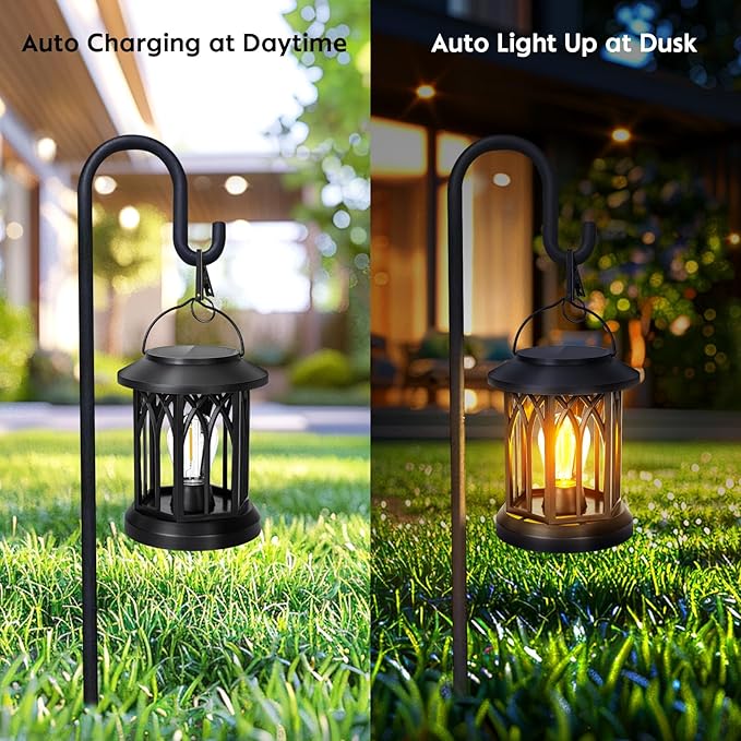 Hanging Solar Lanterns Outdoor Waterproof - 2 Pack Outdoor Lantern Decorative, Hanging Solar Lights for Outside, Outdoor Solar Powered Lantern with Handle & Clip for Patio Yard Decor
